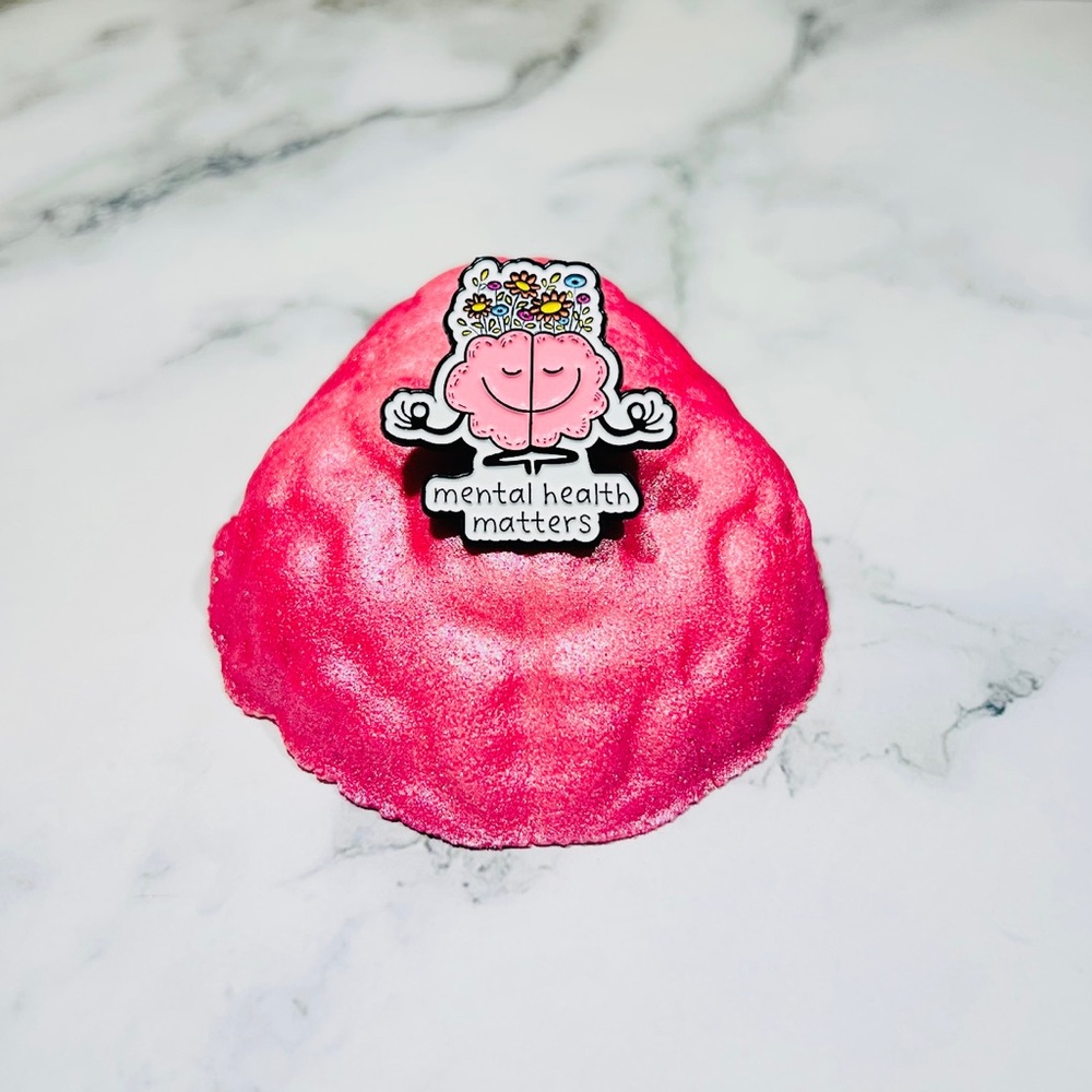 Pink Brain Bath Bomb with keepsake “Mental Health Matters” Enamel Pin